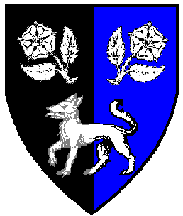 Per pale sable and azure, two roses slipped and leaved in chevron inverted and a wolf passant argent