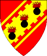 Gules, on a bend sinister embattled counter-embattled cotised plain Or, three grenades palewise sable flamed gules
