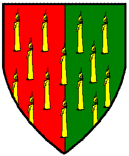 Per pale gules and vert all semy of lit candles Or