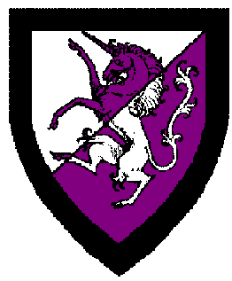 Per bend sinister argent and purpure, a unicorn rampant counterchanged within a bordure sable