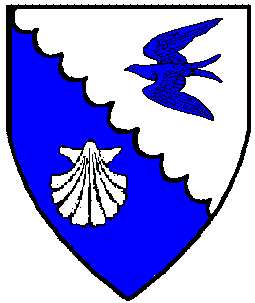 Per bend engrailed argent and azure, a dove volant and an escallop counterchanged