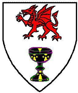 Argent, in pale a dragon passant gules and a chalice pean