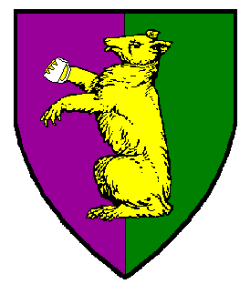 Per pale, pupure and vert, a bear sejant erect Or maintaining a tankard bendwise sinister Argent