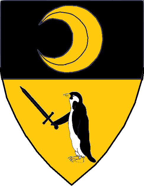 Per fess sable and Or an increscent Or and a penguin sable marked argent maintaining a sword bendwise sable