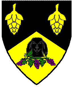 Per chevron sable and Or, two hops Or and in base a hound's head affronty couped sable, issuant from a grape vine vert, fructed with three clusters of grapes purpure