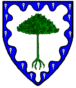Argent, a cinnamon tree eradicated vert within a bordure wavy azure, seme of cloves argent