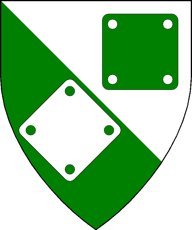 Per bend argent and vert, a square weaver's tablet palewise and another bendwise counterchanged