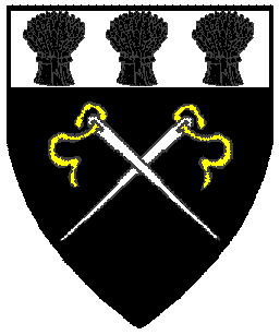 Sable, two needles inverted in saltire argent, threaded Or, and on a chief argent, three garbs sable
