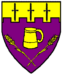 Purpure, a drinking jack between two barley stalks stems crossed in base, and on a chief embattled Or, three daggers inverted sable