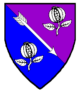 Per bend purpure and azure, an arrow bendwise between two pomegranates slipped and leaved argent