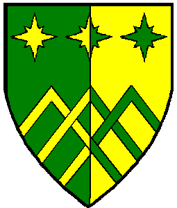 Per pale vert and Or, three chevronels braced and in chief three compass stars counterchanged