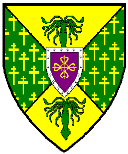 Per saltire Or and vert semy of patriarchal crosses Or, two kraken vert and for augmentation, on an escutcheon overall purpure a cross of Calatrava Or within a bordure ermine