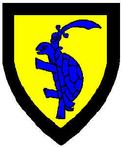 Or, a tortoise rampant brandishing a scimitar azure within a bordure sable