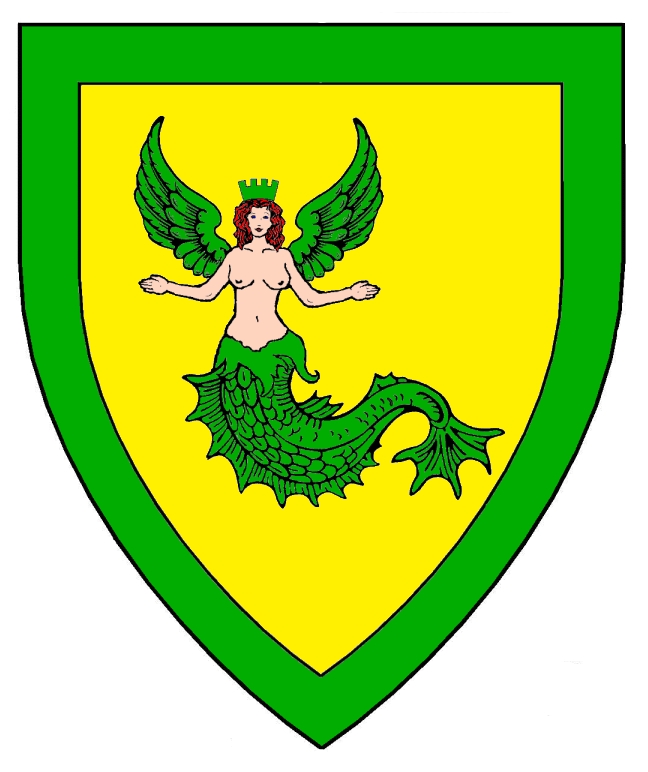 Or, a winged mermaid proper crined gules wings displayed crowned of a county coronet, a bordure vert