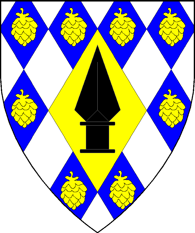 Lozengy argent and azure semy of hop cones stems to chief, on a lozenge Or a spearhead sable