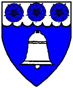 Azure, a bell and on a chief invected argent, three roses azure