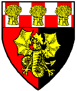 Per pale gules and sable, a cockatrice displayed Or, on a chief counter-compony gules and argent three garbs Or