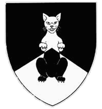 Per chevron, sable and argent, a domestic cat sejant erect affronty, counterchanged