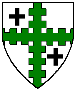 Argent, a cross bretessed vert between in bend two crosses sable