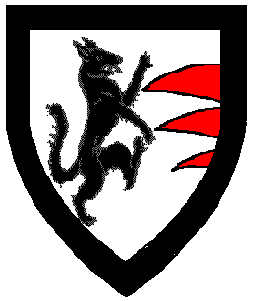 Argent, a wolf rampant to sinister sable and three wolves' teeth issuant from sinister gules, all within a bordure sable