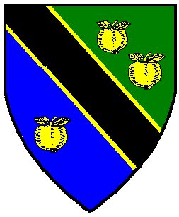 Per bend vert and azure, a bend sable fimbriated between three apples Or