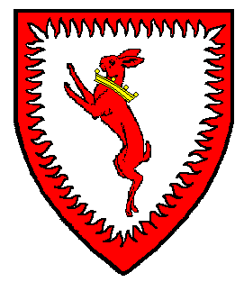 Argent, a coney salient gules gorged of a coronet Or within a bordure rayonny gules
