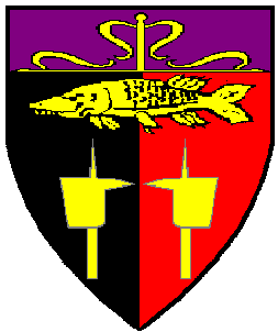 Per pale sable and gules, two halberd heads addorsed and in chief a lucy Or