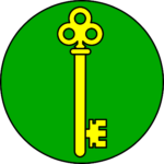 A circular badge of a yellow key against a green background.